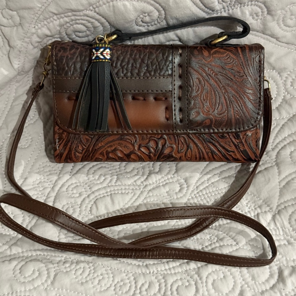 Brown Embossed Leather Crossbody Bag